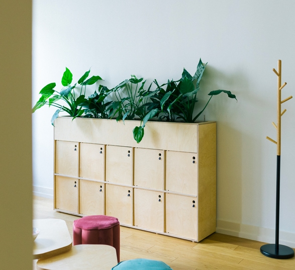 des poufs, une table basse et un locker design en bois avec bac à plantes