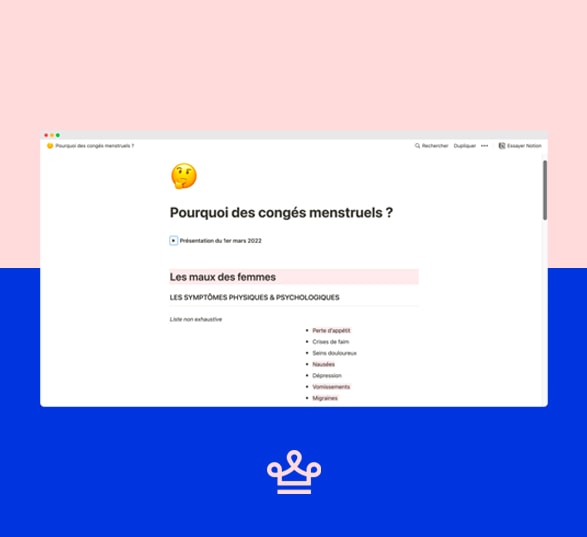 une capture d’écran d’une page notion qui traite du congé menstruel