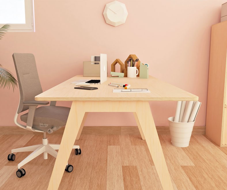 bureau individuel en bois avec un voile de courtoisie