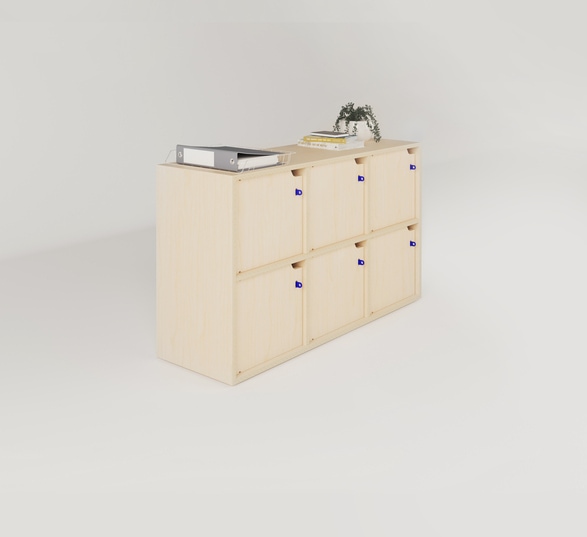 casier de rangement en bois avec 6 cases fermées à clés