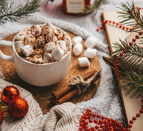 Une tasse de chocolat chaud avec des chamallows, des branches de sapins et de la décoration de noël