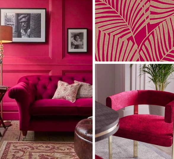 canapé, lampe, fauteuil, tapis et papier peint en rouge