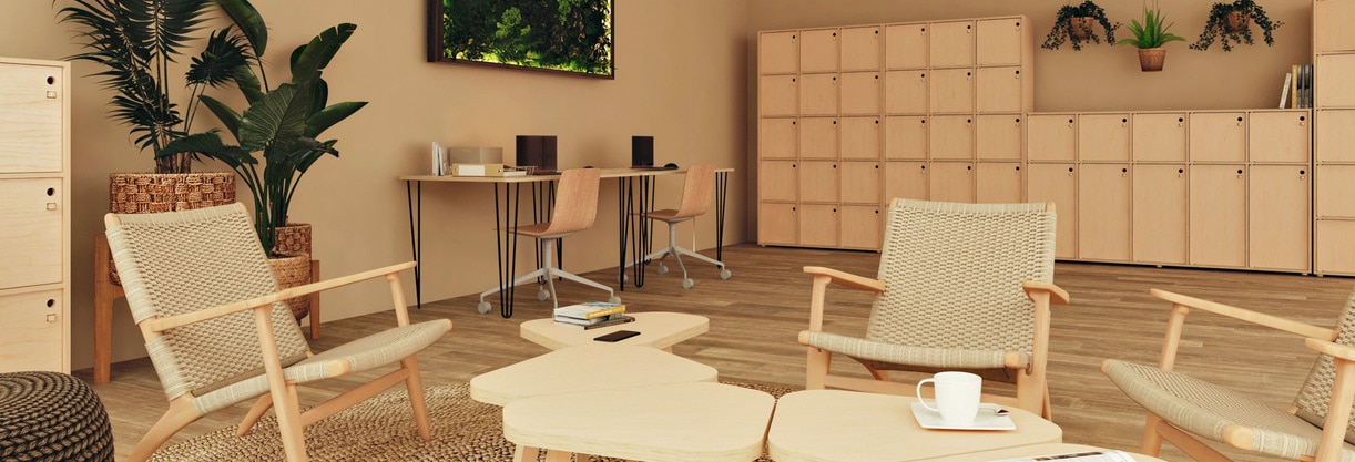 espace détente dans un bureau pro avec des tables basses, fauteuils, casiers de rangement, plantes, bureaux individuels et ordinateur