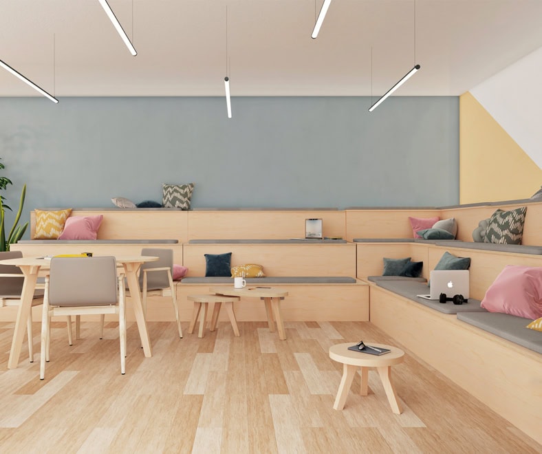 espace collaboratif meublé avec une estrade modulable d'angle en bois
