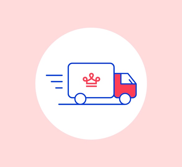 une illustration d’un camion de livraison avec une couronne rouge dans un rond blanc sur fond rose