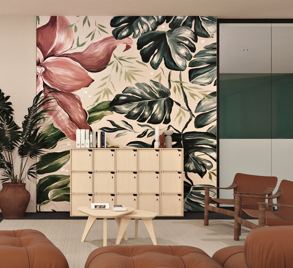 mobilier de bureau en bois type casiers, tables basses, table haute et canapés dans un espace informel coloré