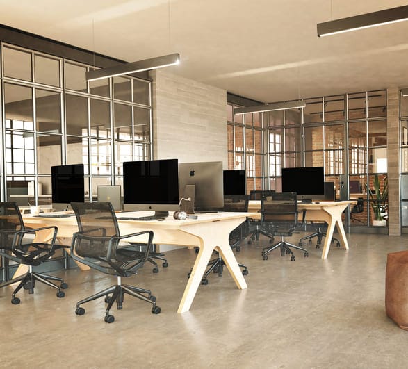 mobilier de bureau pour open space avec bureaux benchs, sièges ergonomiques, poufs et luminaires