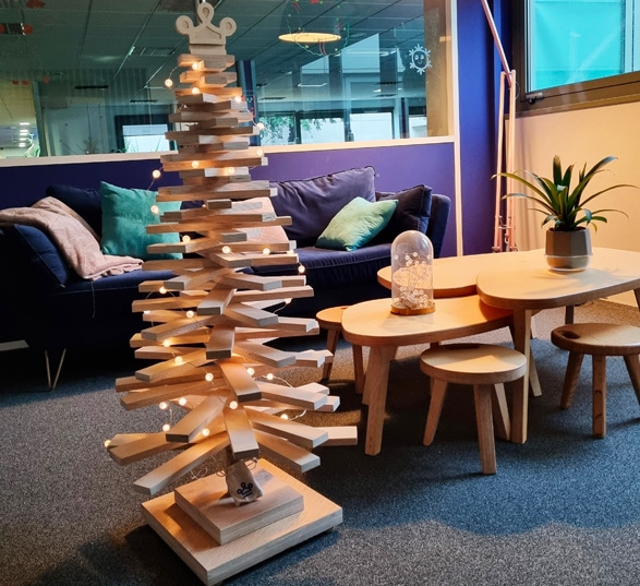 un sapin en chute de bois éclairé d’une guirlande lumineuse à côté de tables basses et canapé