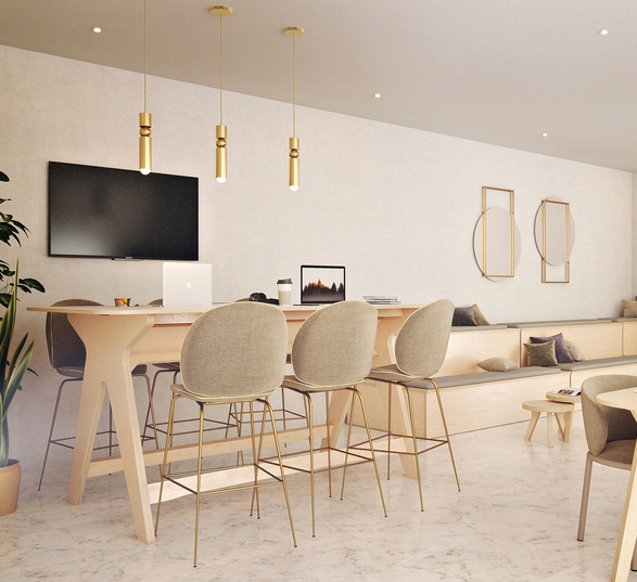 une salle de réunion créative composée d’une table de réunion avec siège, une estrade en bois et des tables de travail