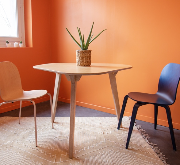 Table ronde de réunion avec une plante et des chaises dans une salle peinte en orange