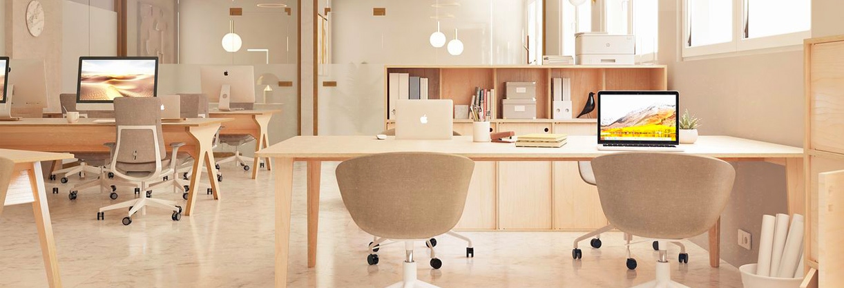 amenagement d'un open space bureau dans le style contemporain avec des sièges, des tables de travail et des ordinateurs