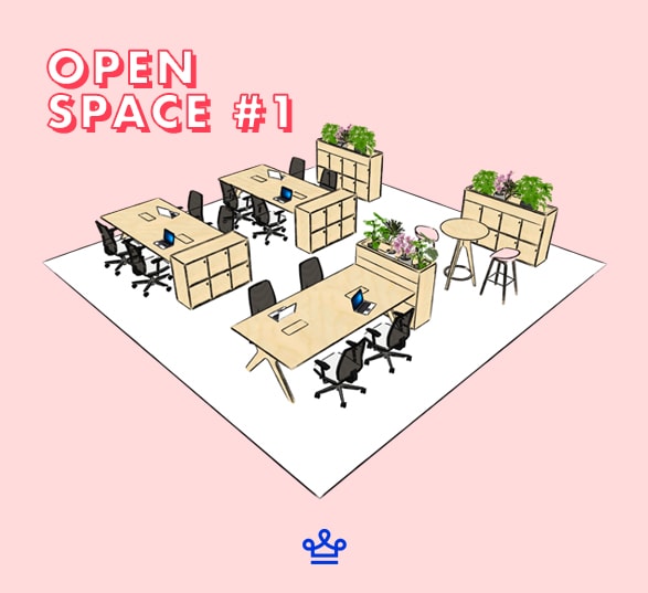Exemple d'un open space office en plan 3D avec des bureaux benchs, des sièges de bureau, table haute et casier de rangement avec des plantes