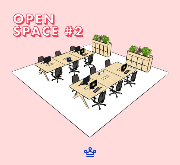 comment aménager un open space avec plan 3D d'un bureau ouvert avec des grands bureaux, des sièges et des casiers de rangement en bois