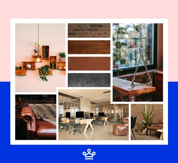 moodboard d'un open space au style industriel avec des photos d'étagères, de canapé en cuir, de grands bureaux en bois et de plantes