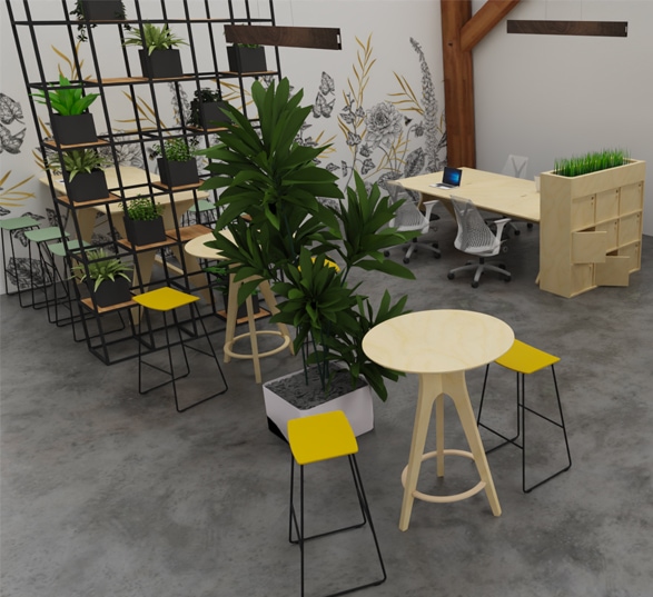 Plan 3D de réaménagement de bureau ouvert avec une table haute, des rangements, un bureau pour open space et des plantes