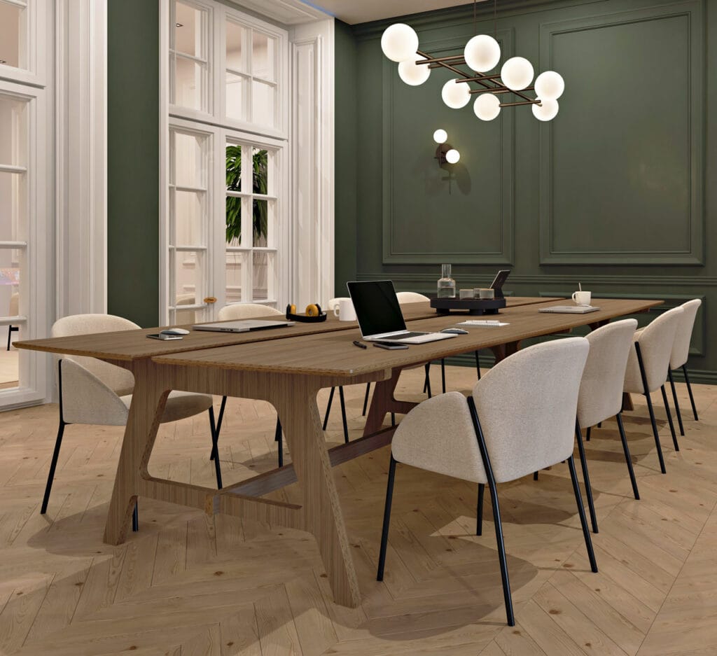 Table en chêne dans une salle de réunion haut de gamme avec parquet et luminaires design