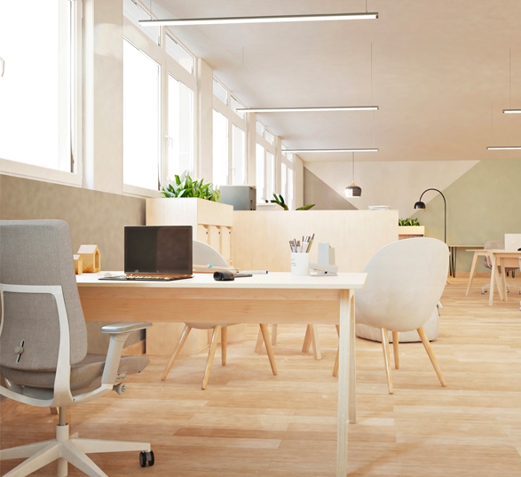 bureaux d'entreprise type open space décoré dans le style scandinave