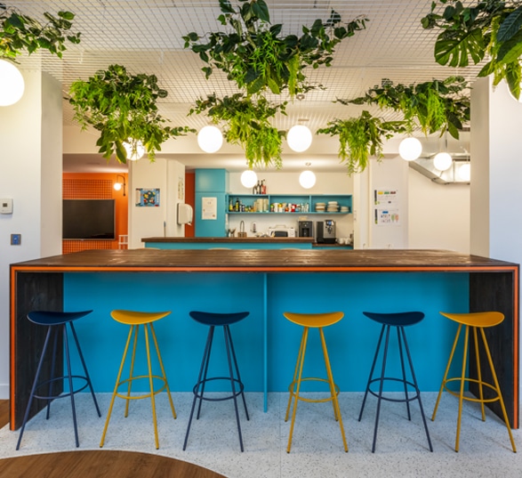 une cuisine d'entreprise colorée avec un bar, des tabourets hauts et des plantes suspendues au plafond