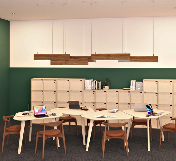salle de réunion informelle avec table modulable polygonale