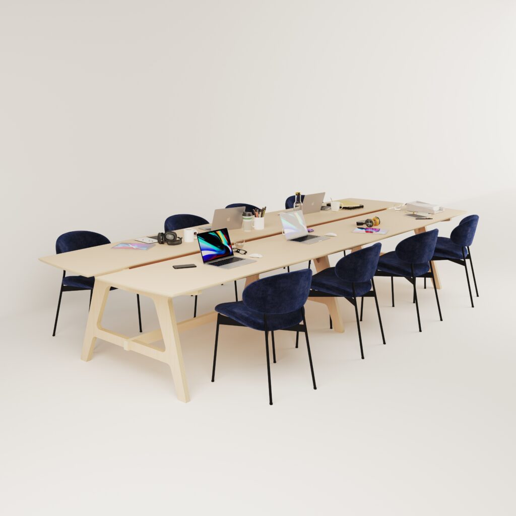 Table de réunion haut de gamme en bois clair avec 8 chaises