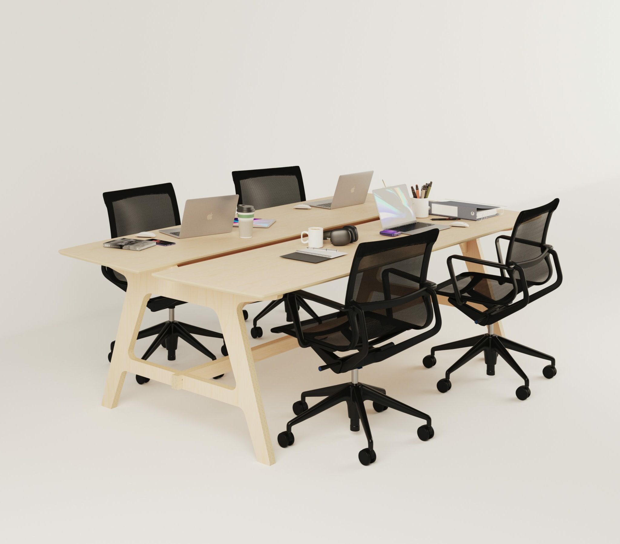 Bureau bench en bois avec 4 chaises noires