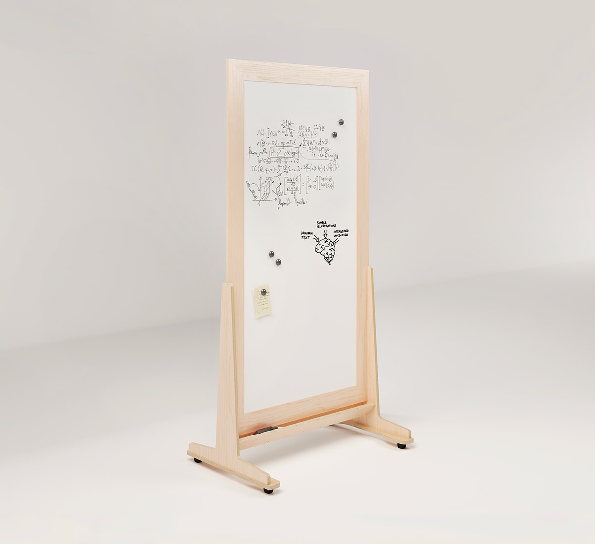 un tableau blanc avec cadre en bois sur roulettes