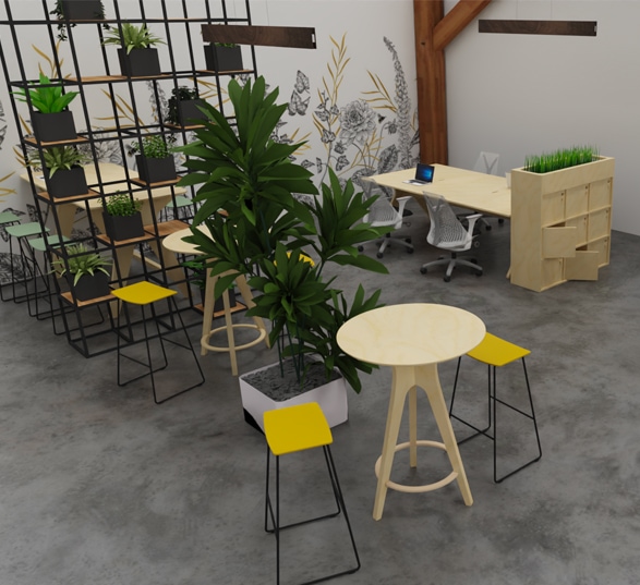 plan d'aménagement en 3D d'un espace de coworking